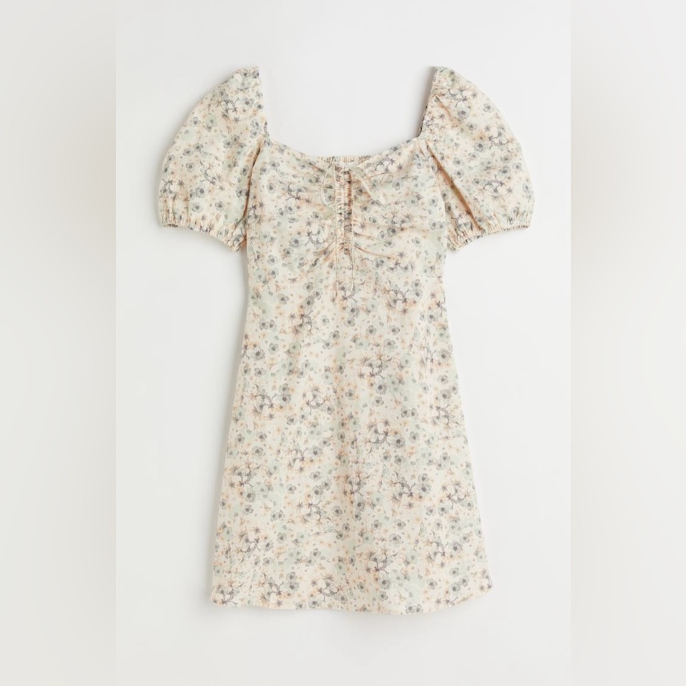 H&M Linen Blend Floral Puff-Sleeve Mini Dress / size L
